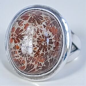 Sterling Silver Fossilized Coral Ring Large Oval Statement Chunky Ancient